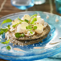 Carpaccio de Topinambour aux St Jacques, crème de noisette et blinis. Carpaccio de Topinambour aux St Jacques, crème de noisette et blinis.
